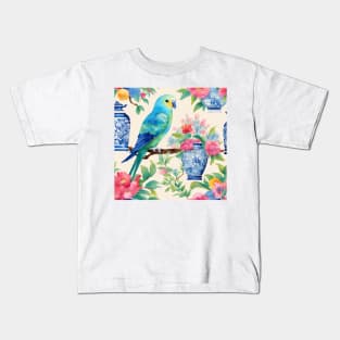 Chinoiserie blue budgies and ginger jars watercolor Kids T-Shirt